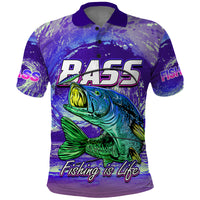 Purple fishing polo shirt with bass graphic, “BASS 435” and “Fishing is Life”
