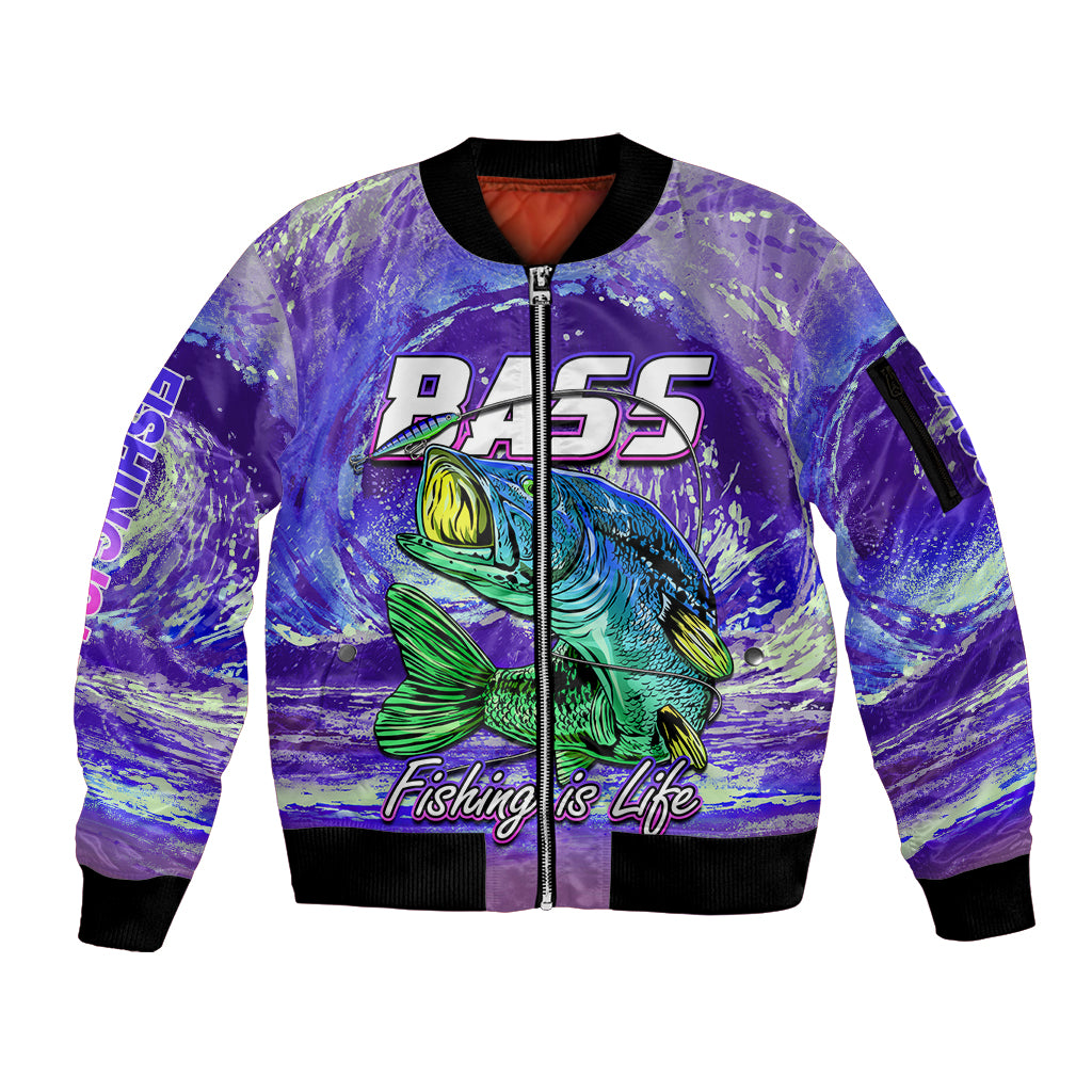 Bass Fishing is Life Hook Sport Largemouth Purple Sleeve Zip Bomber Jacket - Wonder Print Shop