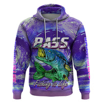 Purple pullover hoodie with large bass fish graphic, RASS logo, and Fishing is Life text