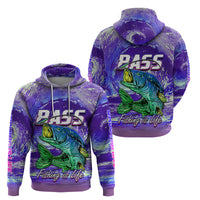 Purple pullover hoodie with bass fish graphic and Fishing is Life front print