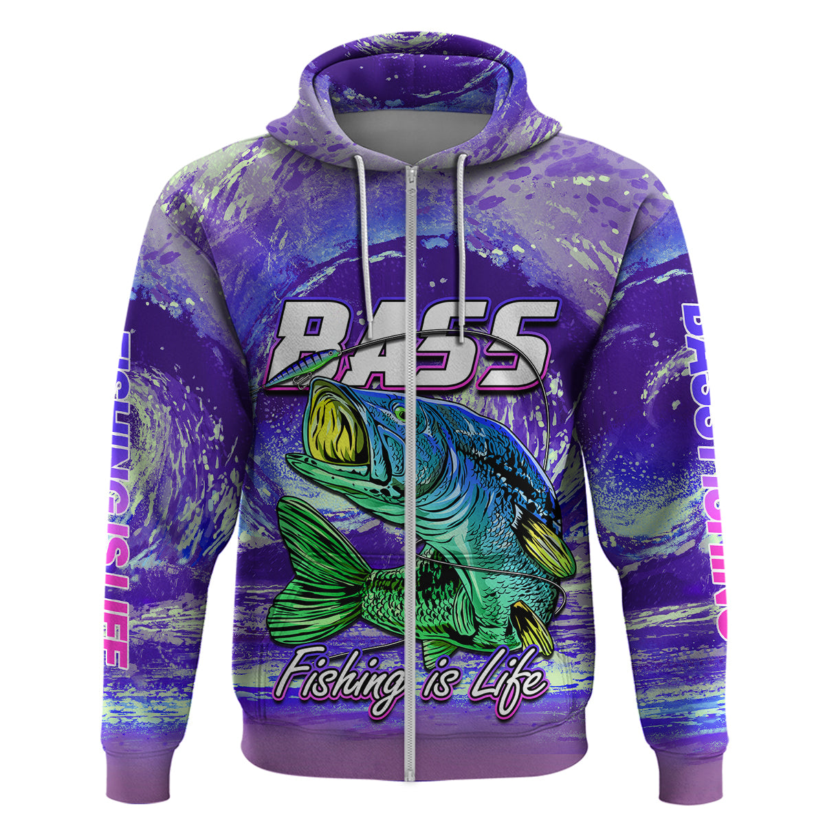 Purple pullover hoodie with front bass illustration and Fishing is Life script at hem