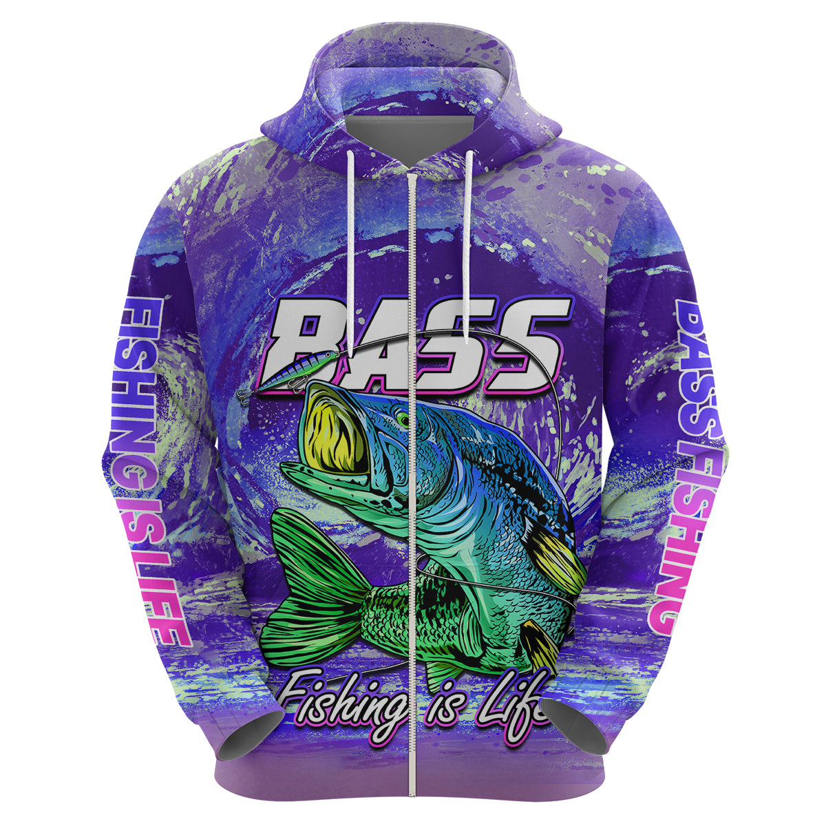 Purple pullover hoodie front with bass fish print, RASS logo, and Fishing is Life script