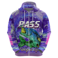Purple pullover hoodie front with bass fish print, RASS logo, and Fishing is Life script