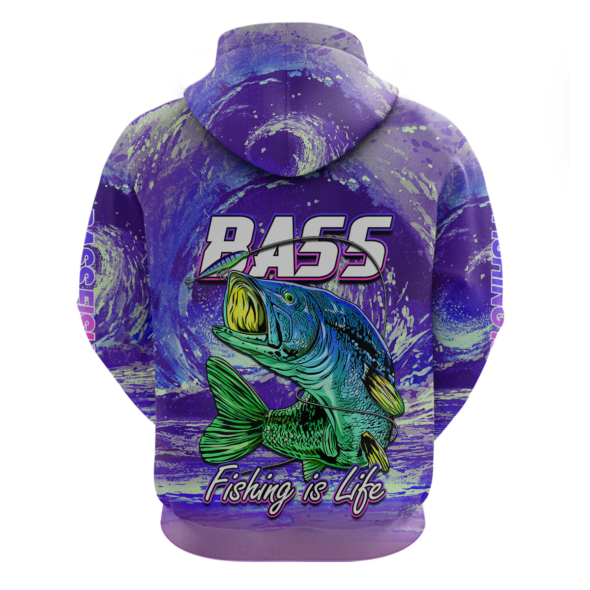 Purple pullover hoodie back with centered bass fish illustration and Fishing is Life print