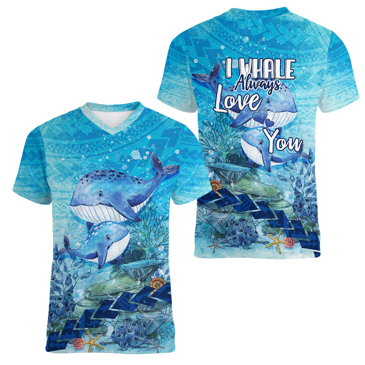 Mother and Baby Whale Mix Polynesian Style Women V Neck T Shirt TS07 - Wonder Print Shop