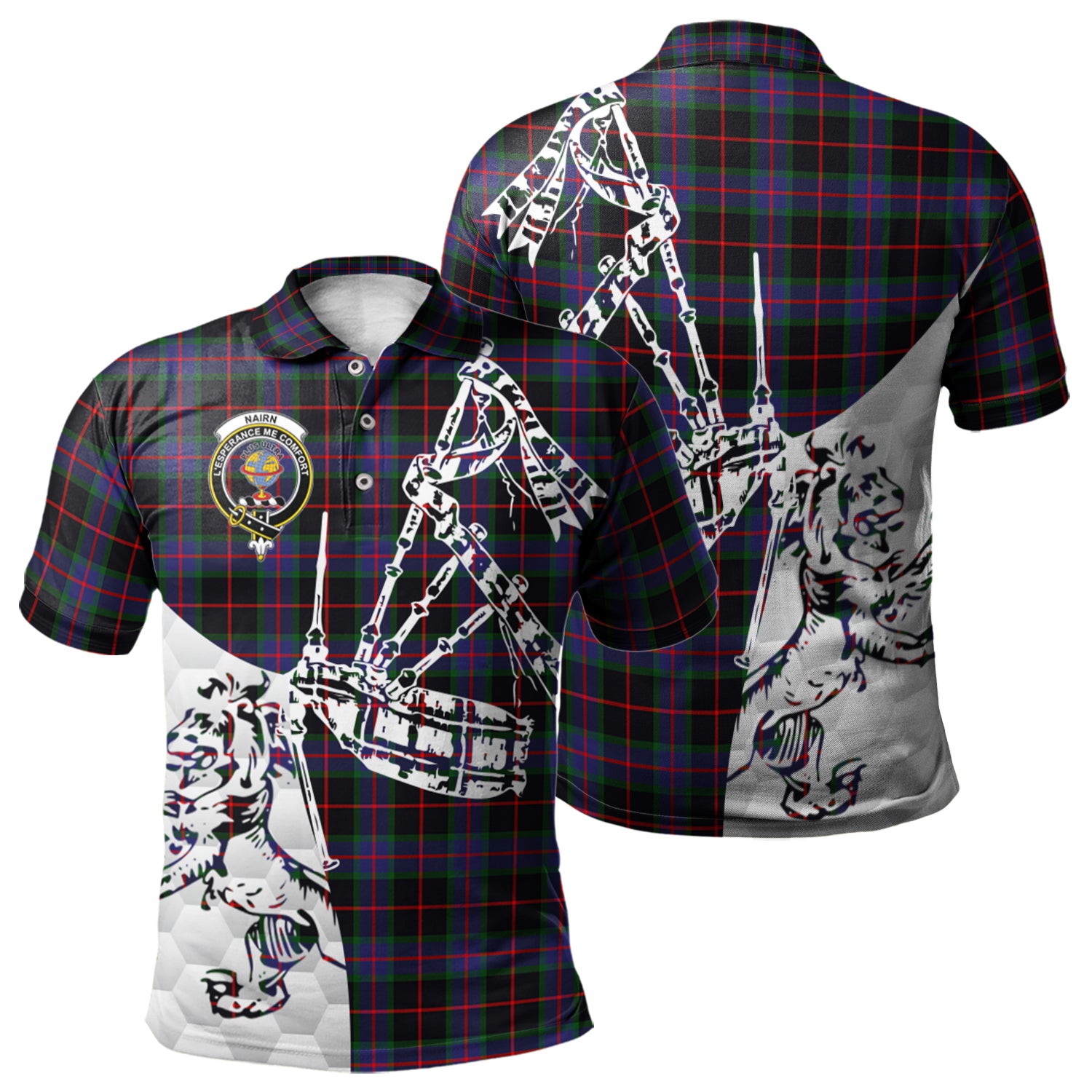 scottish-nairn-clan-crest-tartan-polo-shirt-lion-and-bagpipes-style