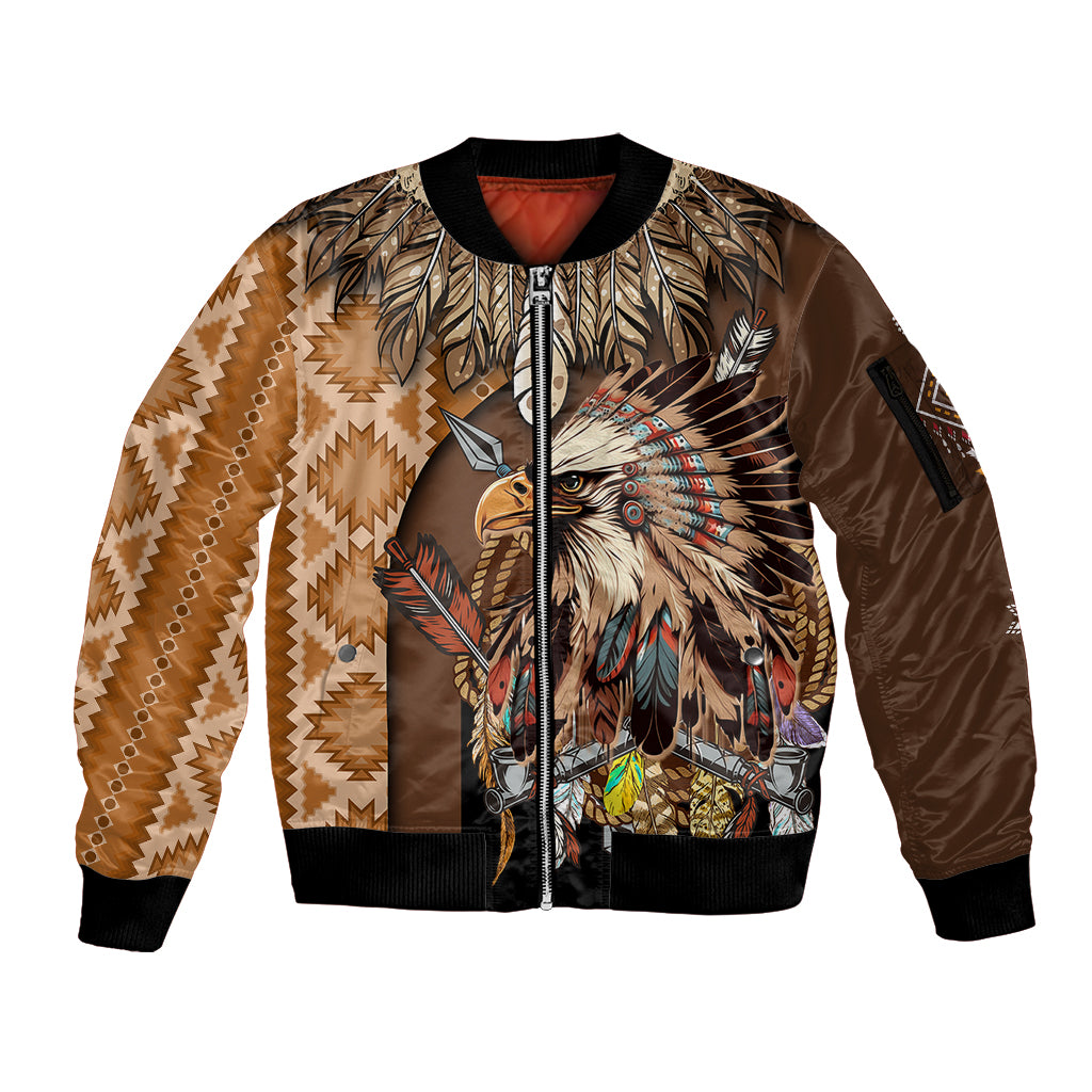Native American Eagle Warrior Headdress Feathers Sleeve Zip Bomber Jacket - Wonder Print Shop