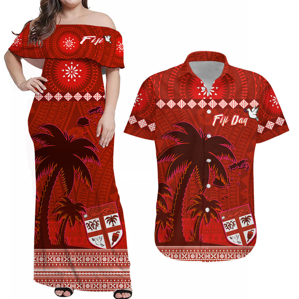 Personalised Bula Fiji Matching Hawaiian Shirt And Dress Fijian Tapa with Palm Tree Red LT13 - Wonder Print Shop