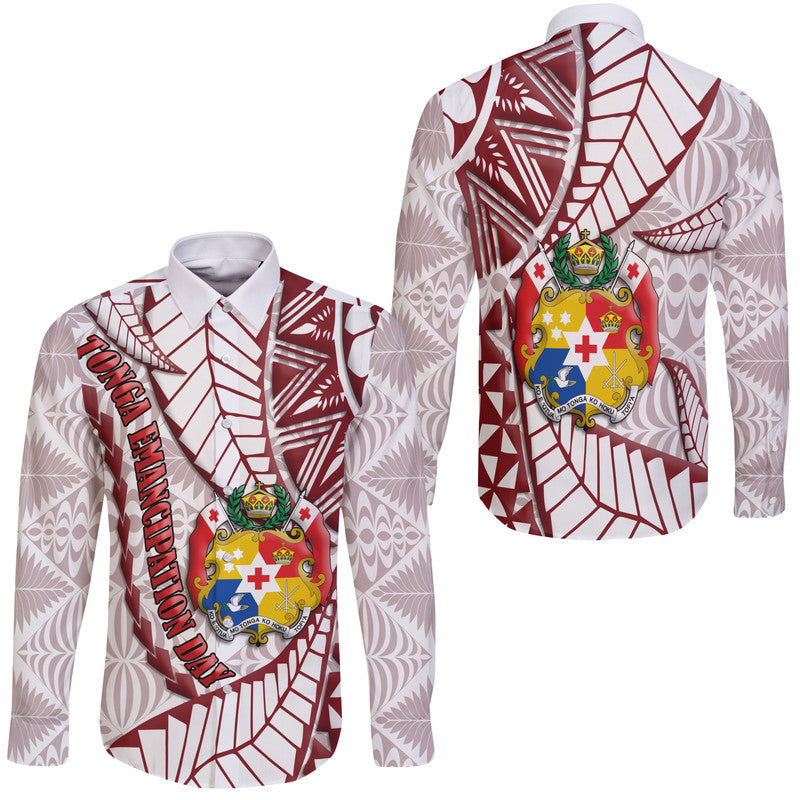 Tonga Emancipation Day Hawaii Long Sleeve Button Shirt Kupesi Pattern No.2 White - Wonder Print Shop