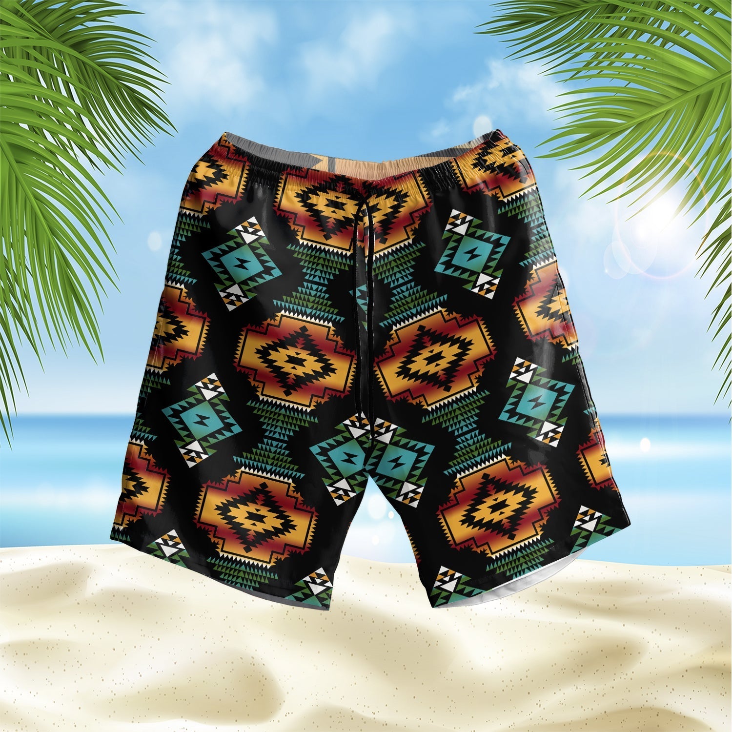 native-american-patterns-black-red-hawaiian-shorts
