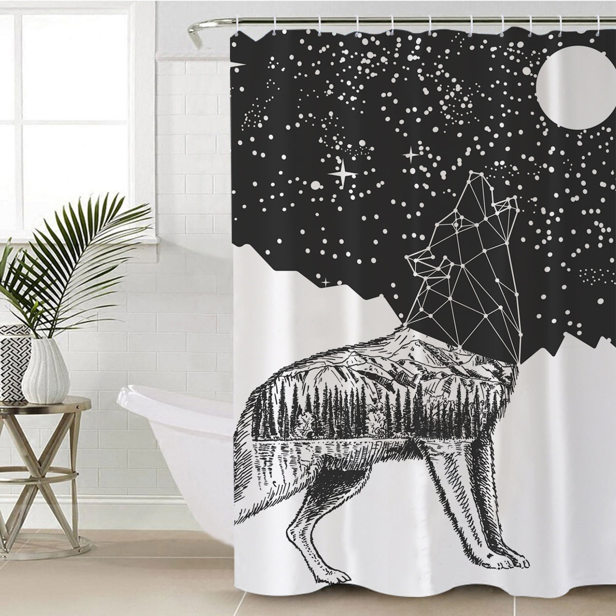Galaxy-themed shower curtain with dark background, white star dots, geometric wolf, and white trim
