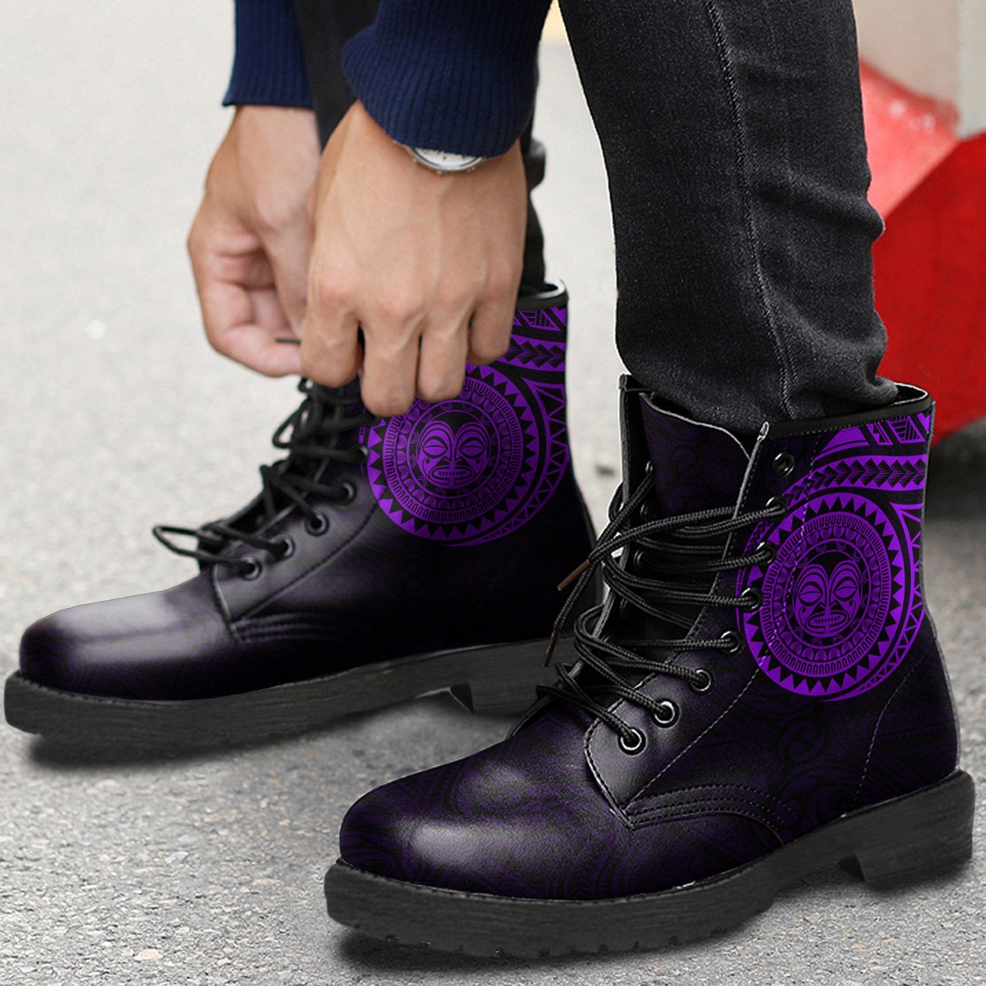 polynesian-hawaii-tiki-mask-leather-boots-purple