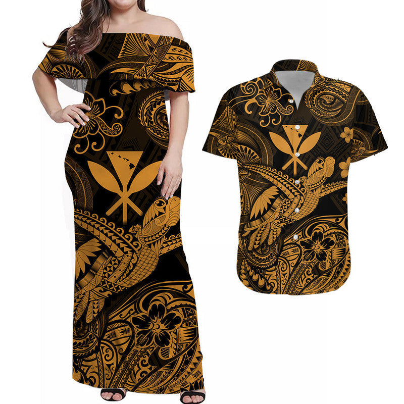 Hawaii Turtle Map Polynesian Matching Hawaiian Outfits For Couples Kanaka Maoli Unique Style - Gold LT8 - Wonder Print Shop