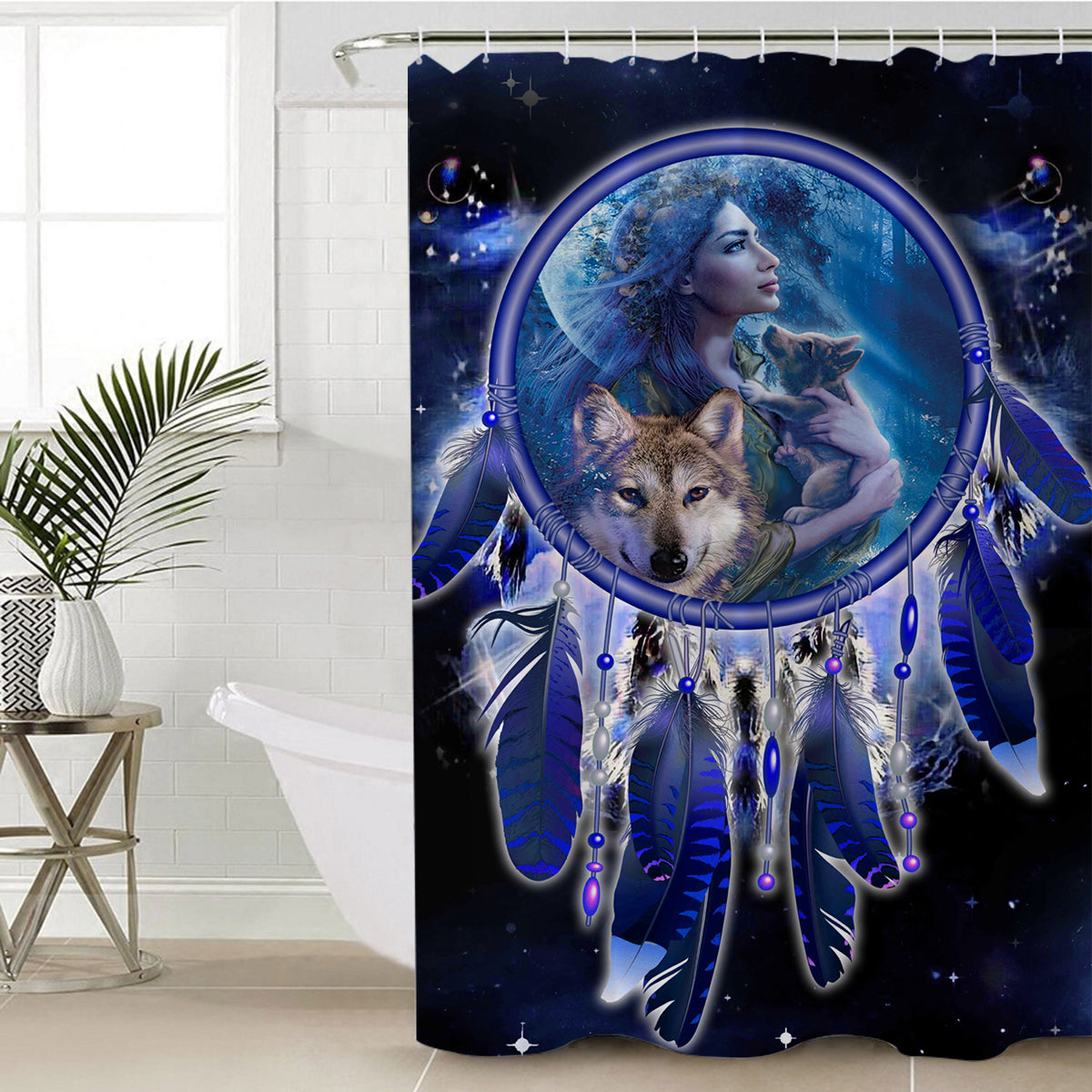 Dream catcher shower curtain with blue wolf and woman, multicolor dreamcatcher feathers