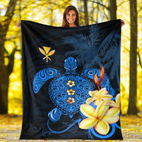 Blue Hawaiian turtle premium blanket with plumeria flowers and sea-themed swirls