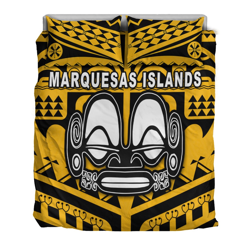 Yellow and black duvet and pillow set featuring “Marquesas Islands” tiki face design
