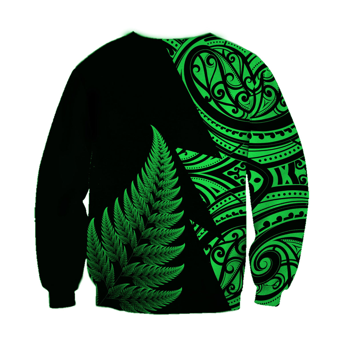 Dark sweatshirt with large green fern graphic and Maori-style tribal pattern across sleeve