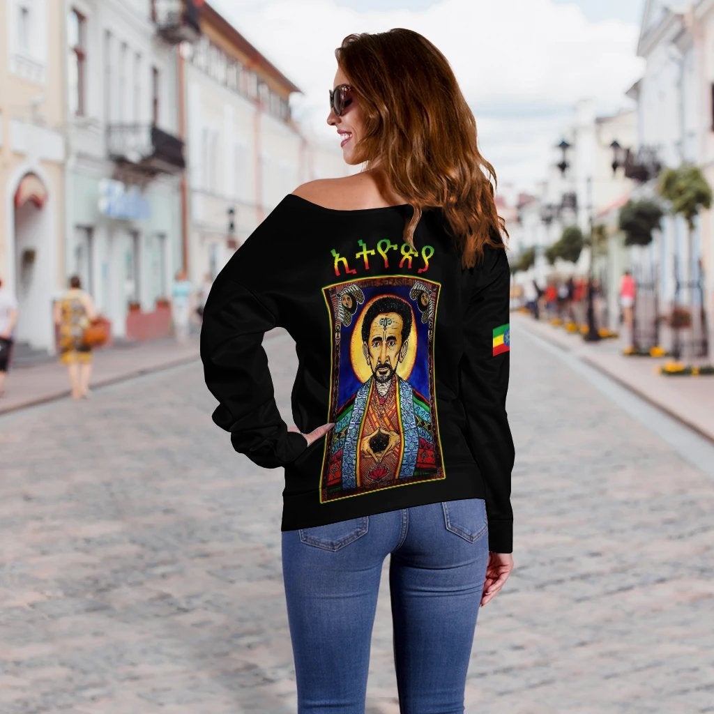 Ethiopia Proud Off Shoulder Sweater Haile Selassie I LT13 - Wonder Print Shop