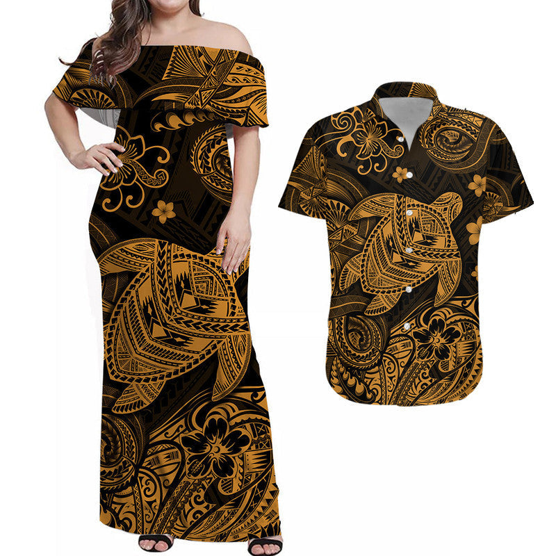 Hawaii Turtle Polynesian Matching Hawaiian Outfits For Couples Plumeria Flower Unique Style - Gold LT8 - Wonder Print Shop