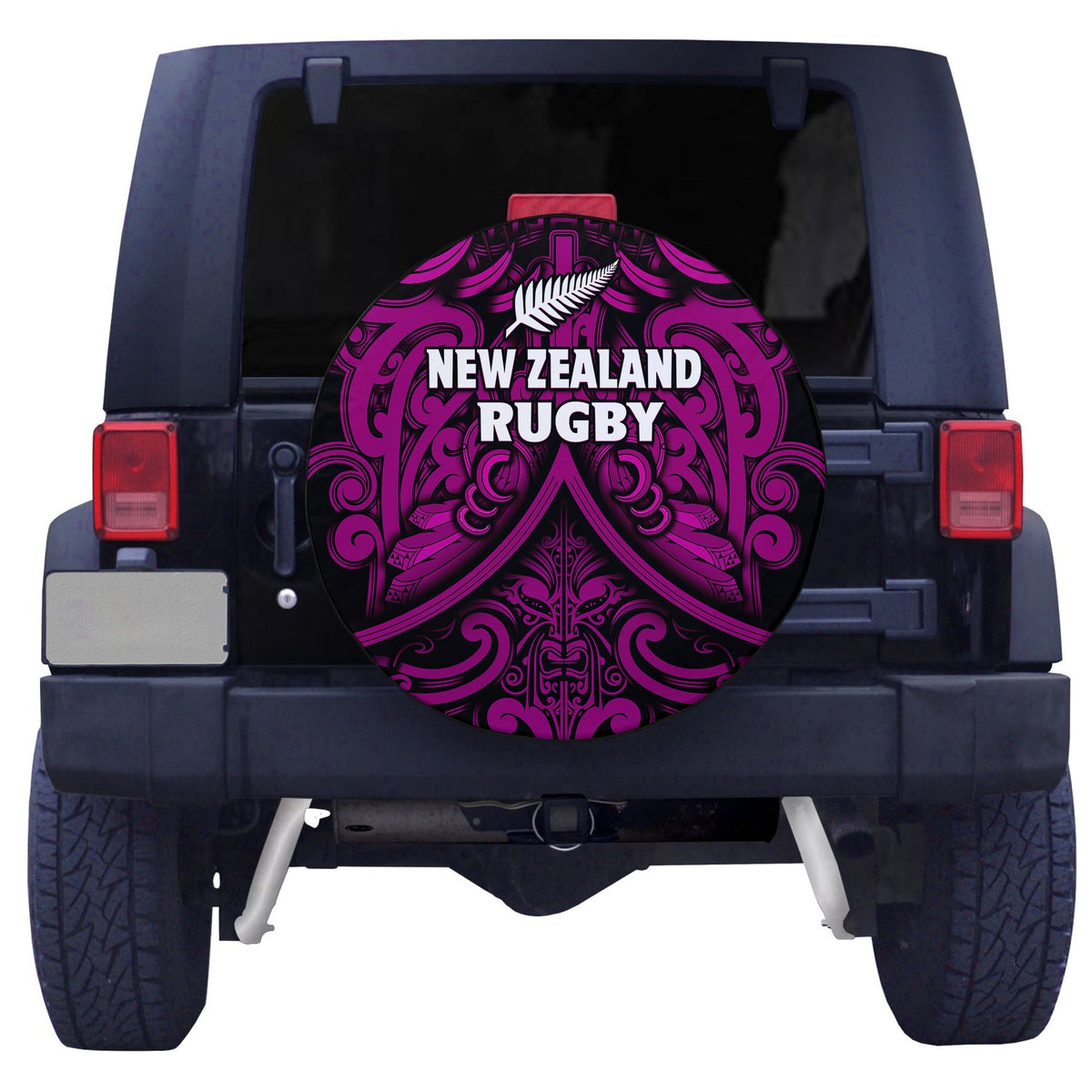 Circular spare tire cover with dark purple Maori rugby artwork and silver fern motif