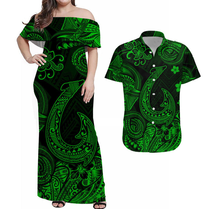 Polynesian Matching Hawaiian Outfits For Couples Hawaii Fish Hook Matching Hawaiian Shirt And Dress Unique Style - Green LT8 - Wonder Print Shop