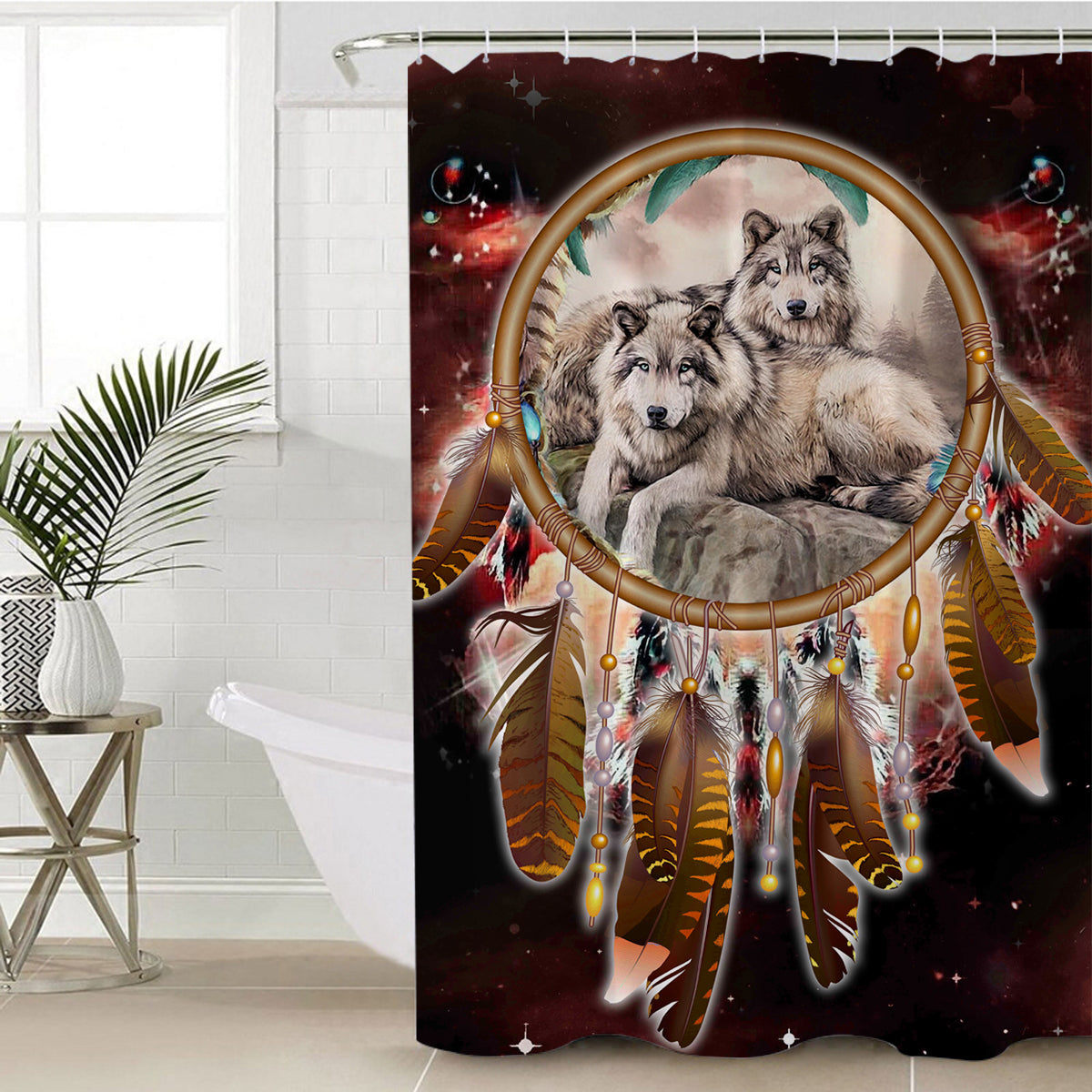 Red galaxy shower curtain with two wolf faces in dreamcatcher hoop and feathers