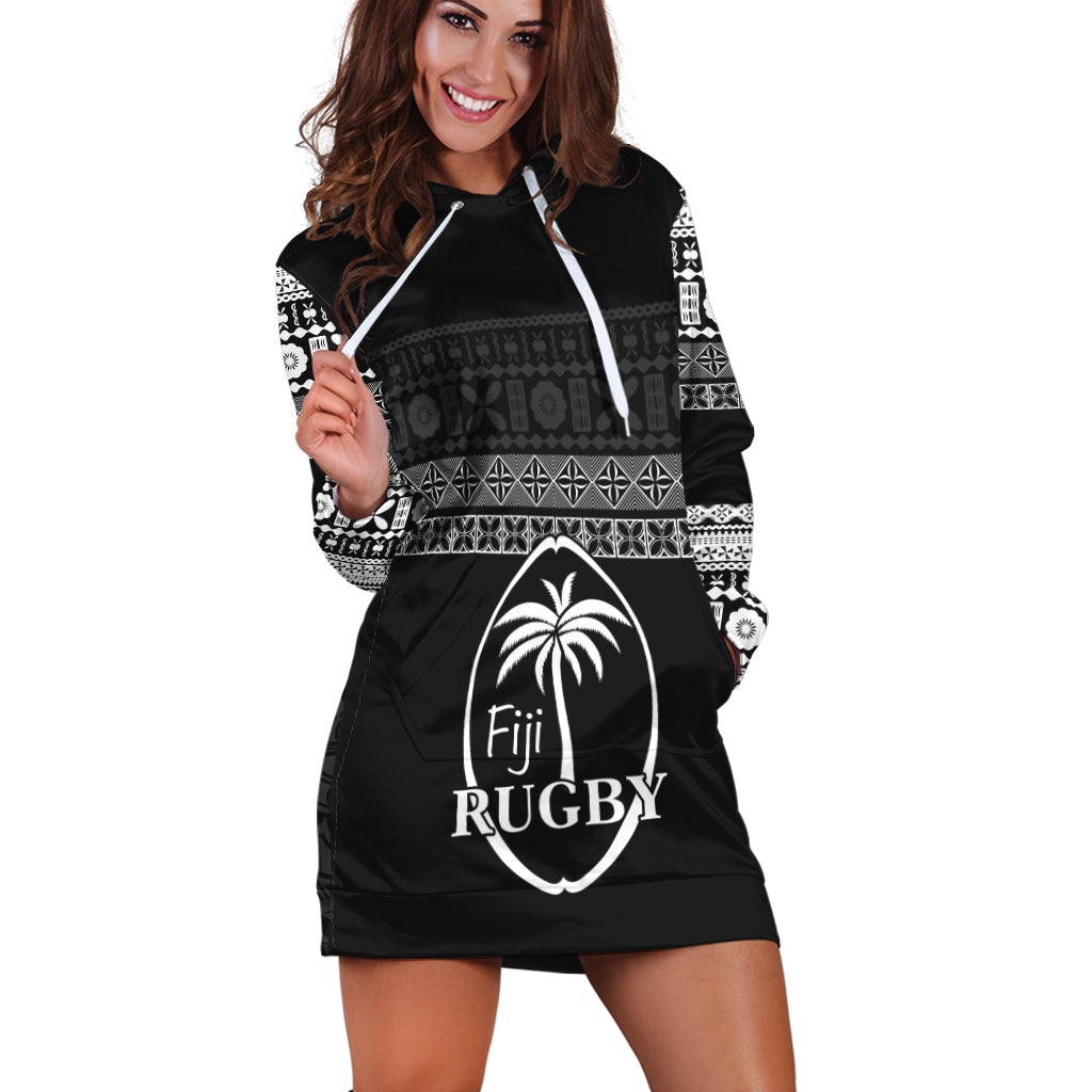 Front view black hoodie dress with white patterned yoke and large Fiji Rugby logo