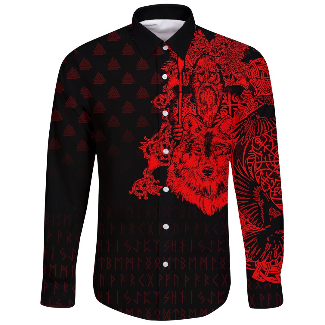 Viking Long Sleeve Button Shirt Old Norse Odin Tattoo Red RLT12 - Wonder Print Shop