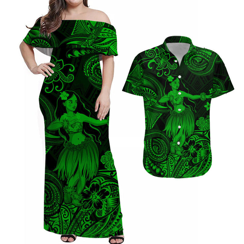 Polynesian Matching Hawaiian Outfits For Couples Hawaii Hula Matching Hawaiian Shirt And Dress Unique Style - Green LT8 - Wonder Print Shop