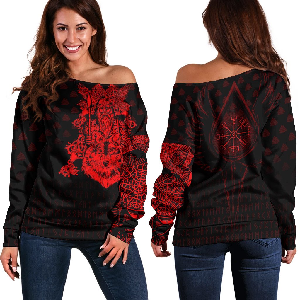 Viking Off Shoulder Sweater - Old Norse Odin Tattoo - Red RLT12 - Wonder Print Shop