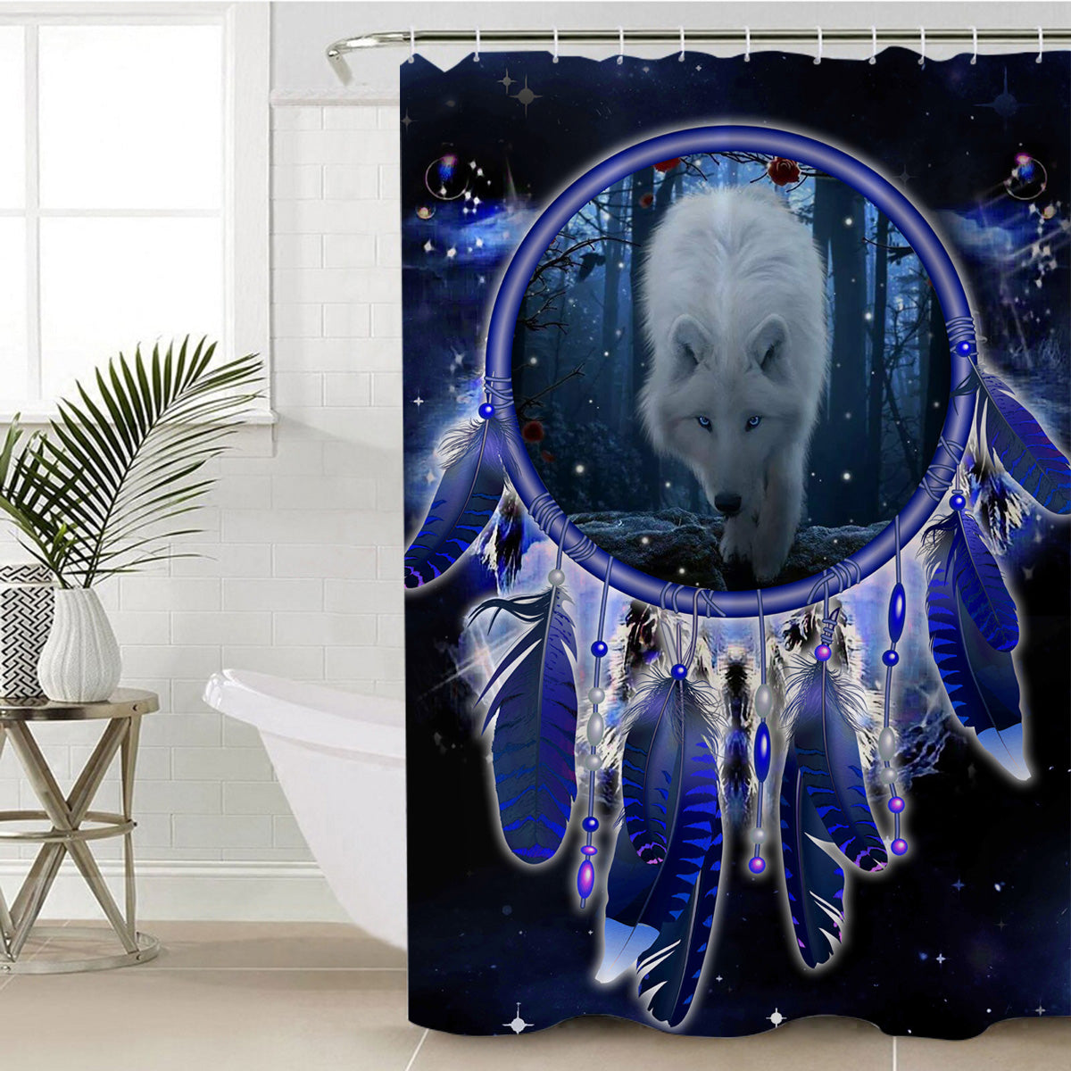 Blue galaxy wolf dreamcatcher shower curtain with hanging feather charms