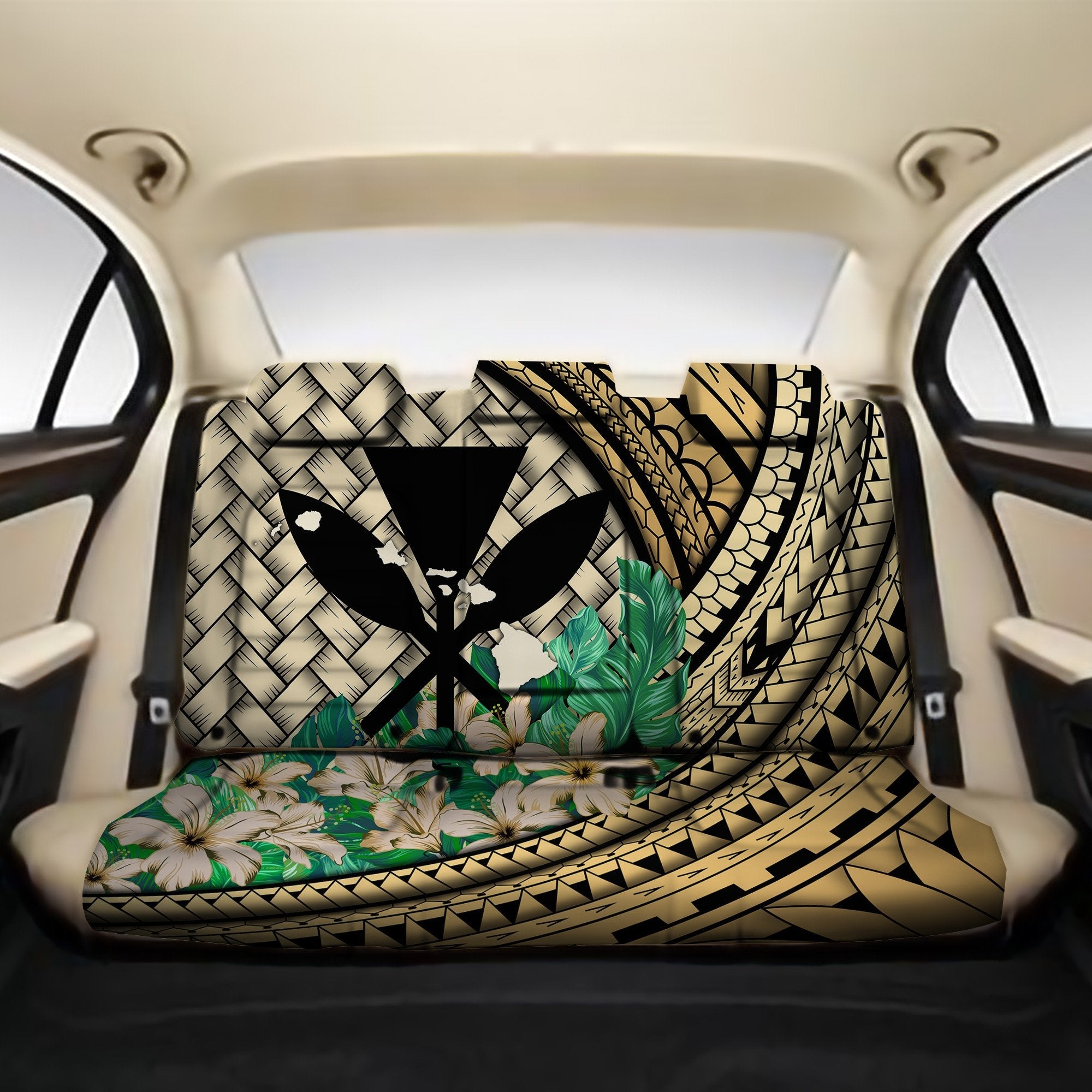 Kanaka Maoli (Hawaiian) Back Car Seat Covers - Lauhala Polynesian Hibiscus Gold - Wonder Print Shop