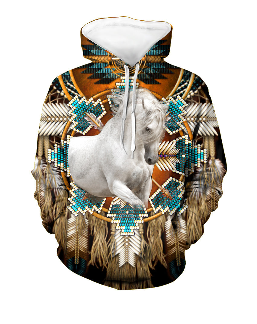 Native American White Horse Blue Pattern 3D Hoodie LT10 - Wonder Print Shop
