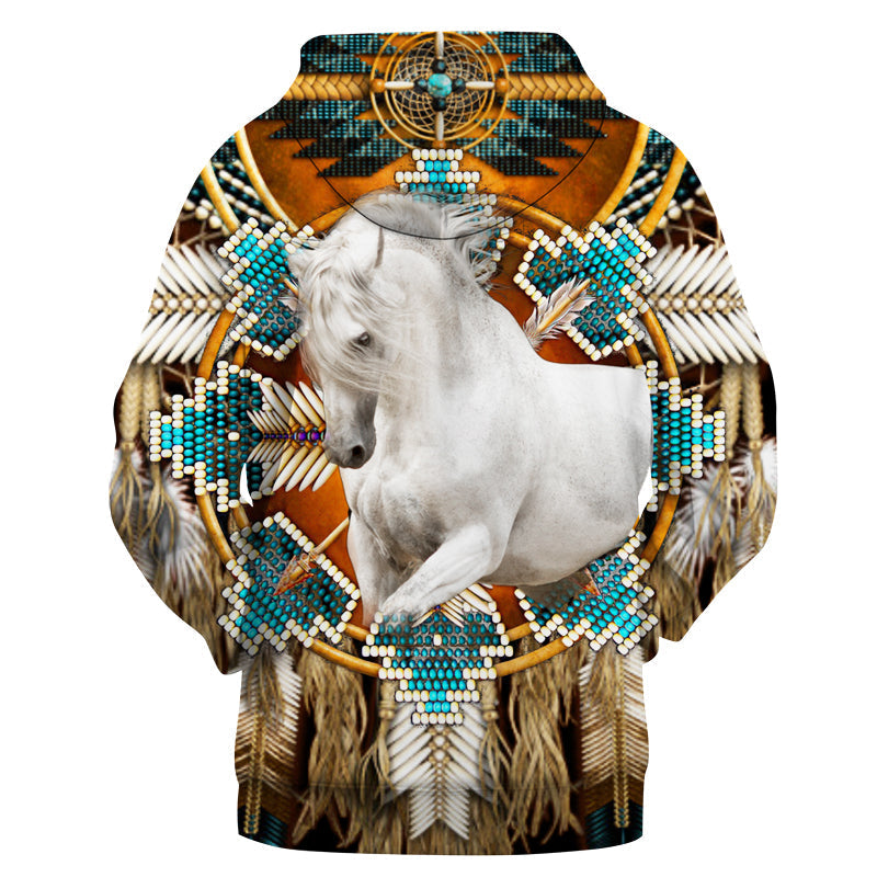Native American White Horse Blue Pattern 3D Hoodie LT10 - Wonder Print Shop