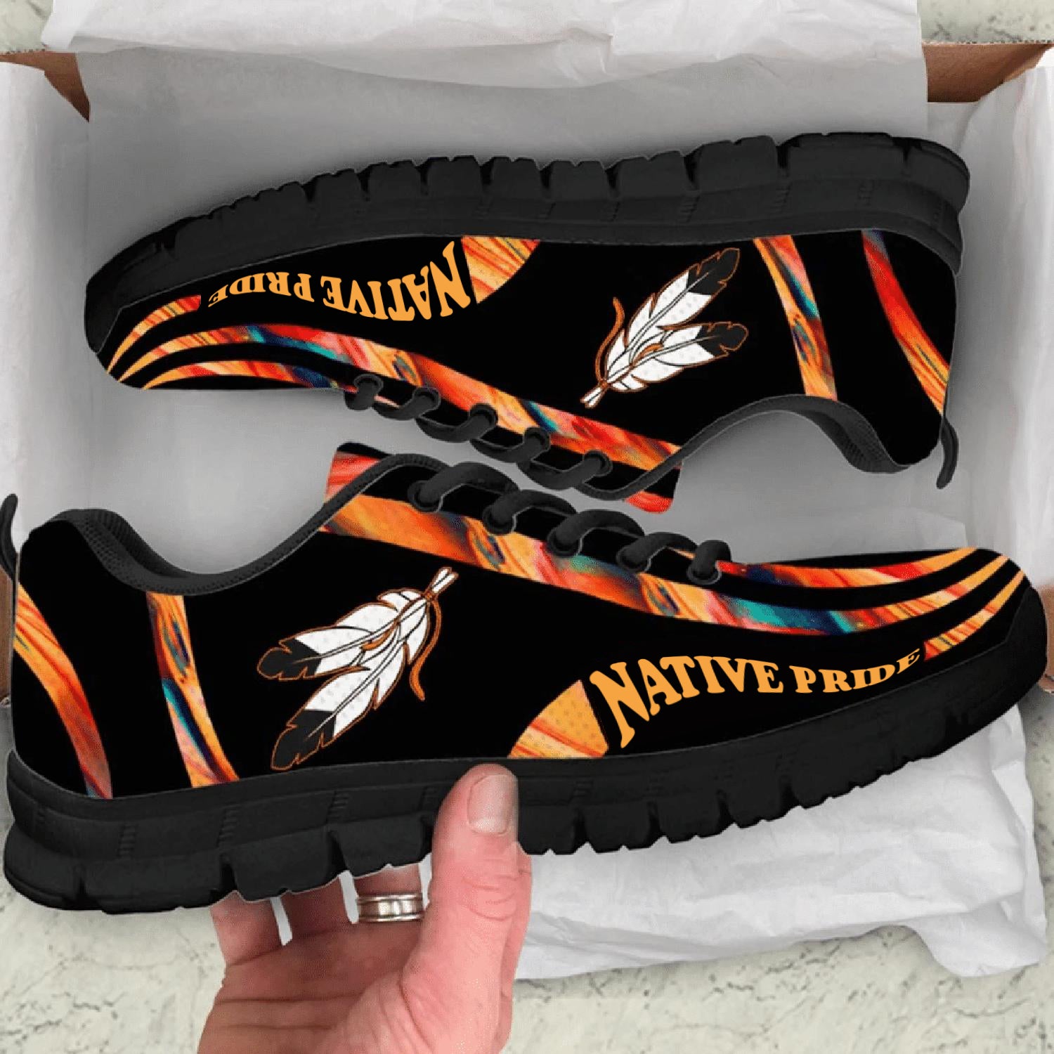 Orange Pattern Feather Native American Sneakers LT10 - Wonder Print Shop