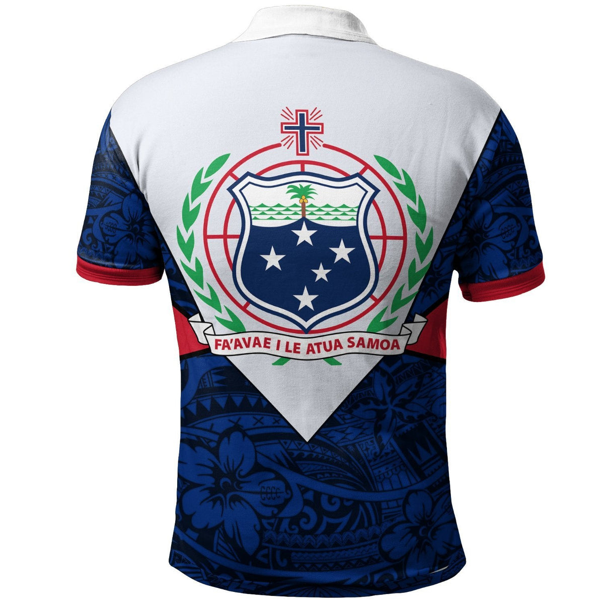 Back view polo with large Samoa shield crest and cross emblem