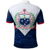 Back view polo with large Samoa shield crest and cross emblem