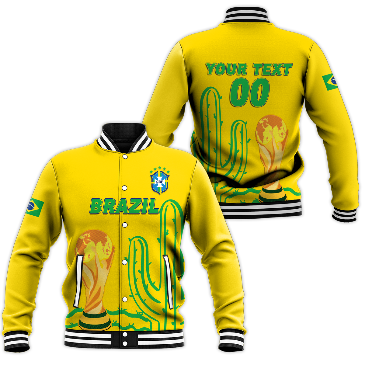 (Custom Personalised) Brazil Champion Football World Cup 2022 Baseball Jacket - LT12 - Wonder Print Shop