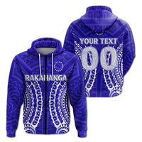 Blue zip hoodie, tribal Rakahanga pattern with custom text on front