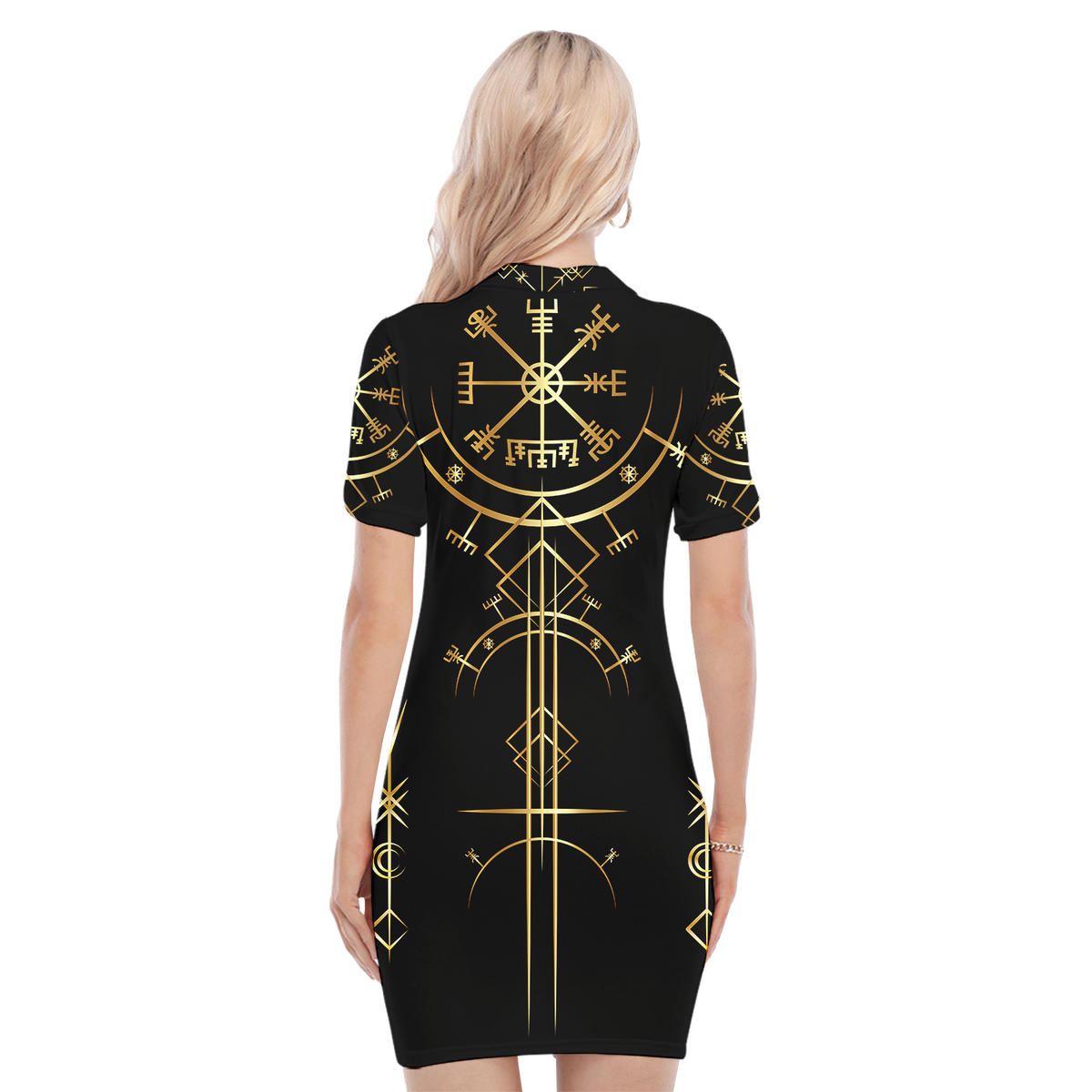 Black polo dress back with gold rune and compass-style emblem, fitted short dress