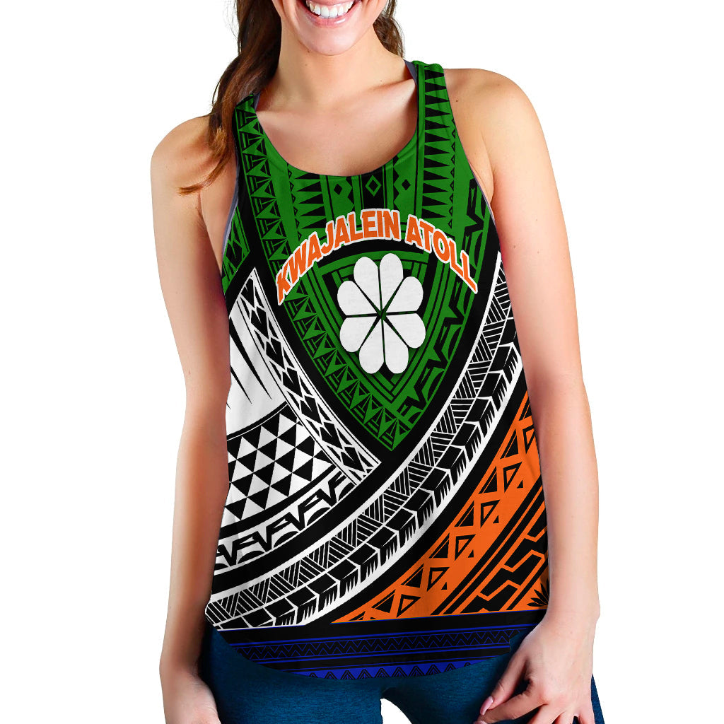Womens green tribal tank top, front view, sleeveless scoop neck with white flower emblem