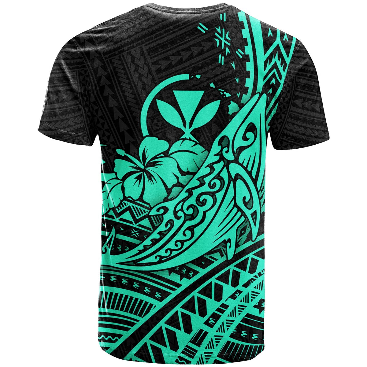 Turquoise whale and hibiscus tribal graphic on black crewneck T-shirt, side view