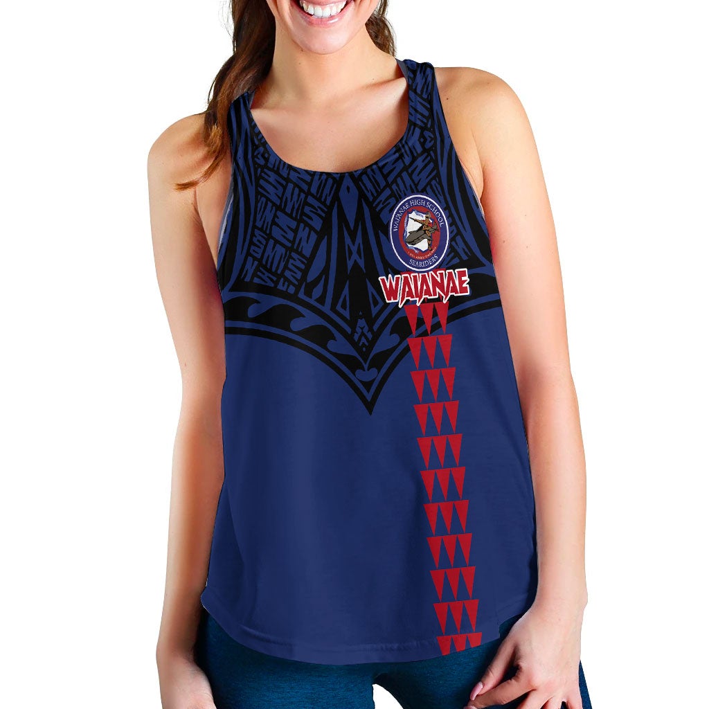 Blue women’s tank with scoop neck, Waianae crest patch and vertical red emblem