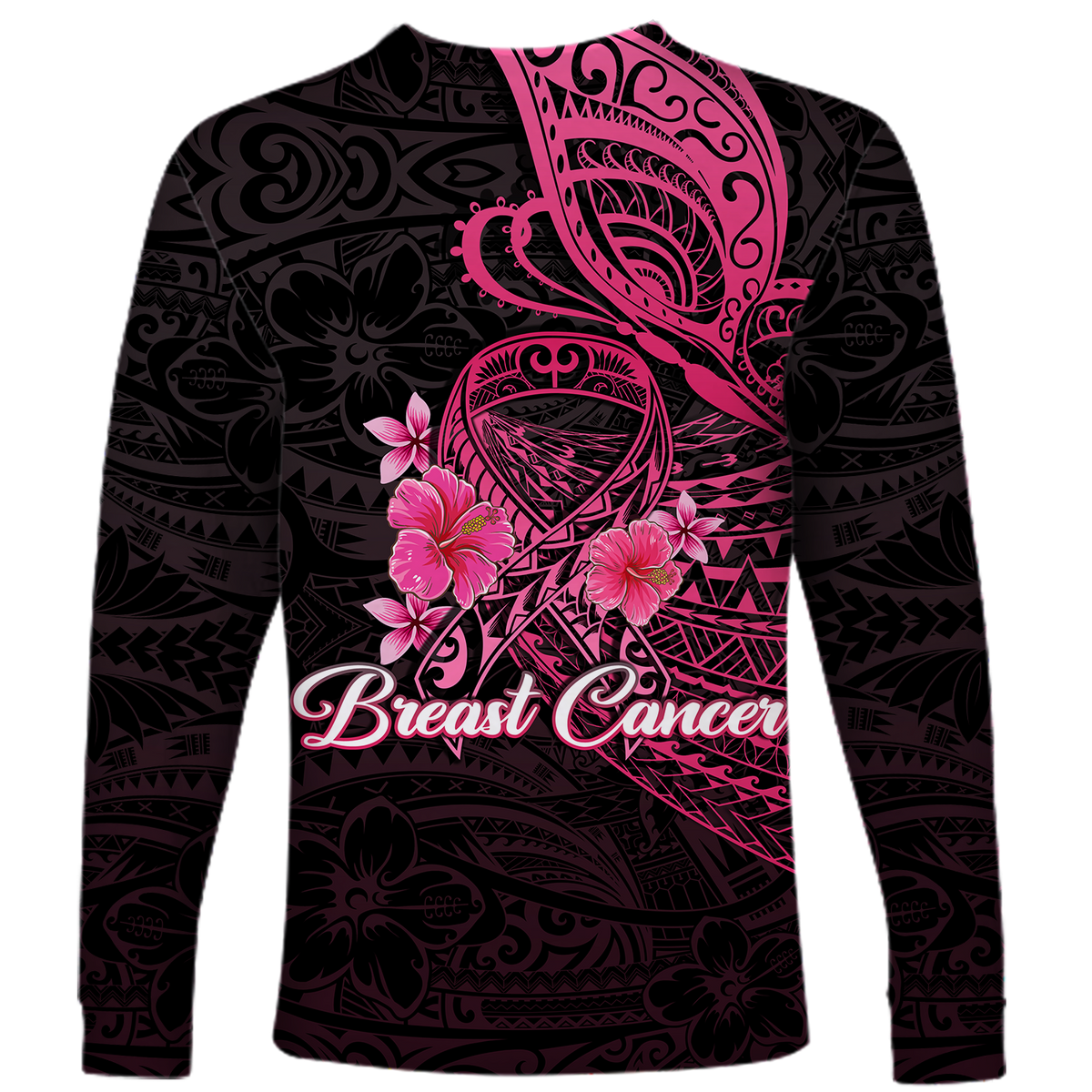 Breast Cancer Pink Ribbon Butterfly Polynesian Black Version Long Sleeve Shirt LT12 - Wonder Print Shop