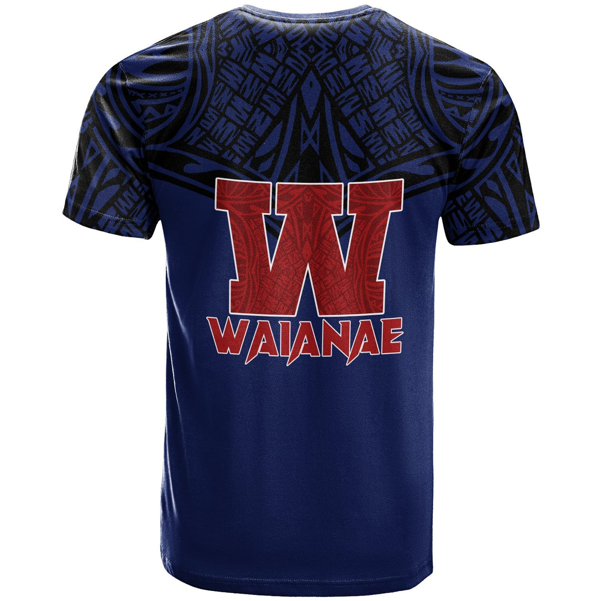 Blue T-shirt back with large red W logo and WAIANAE lettering
