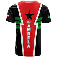 Crew-neck T-shirt, black sleeves with green stripes; red front with star and GAMBELA text