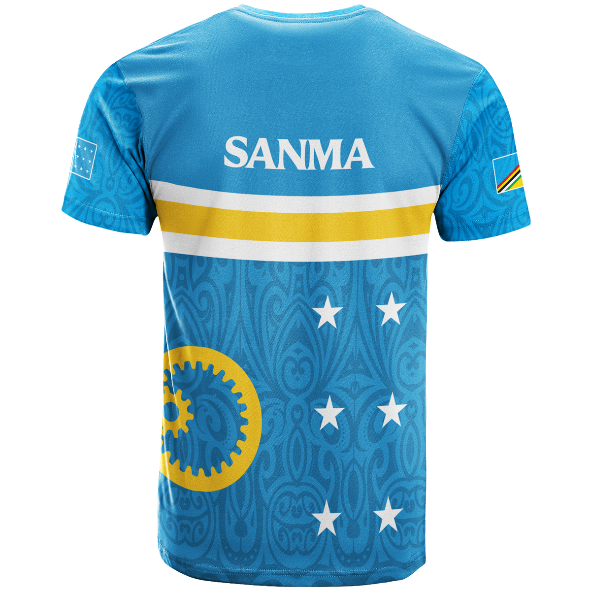 Blue T-shirt back view with SANMA text, yellow-white band, and star pattern