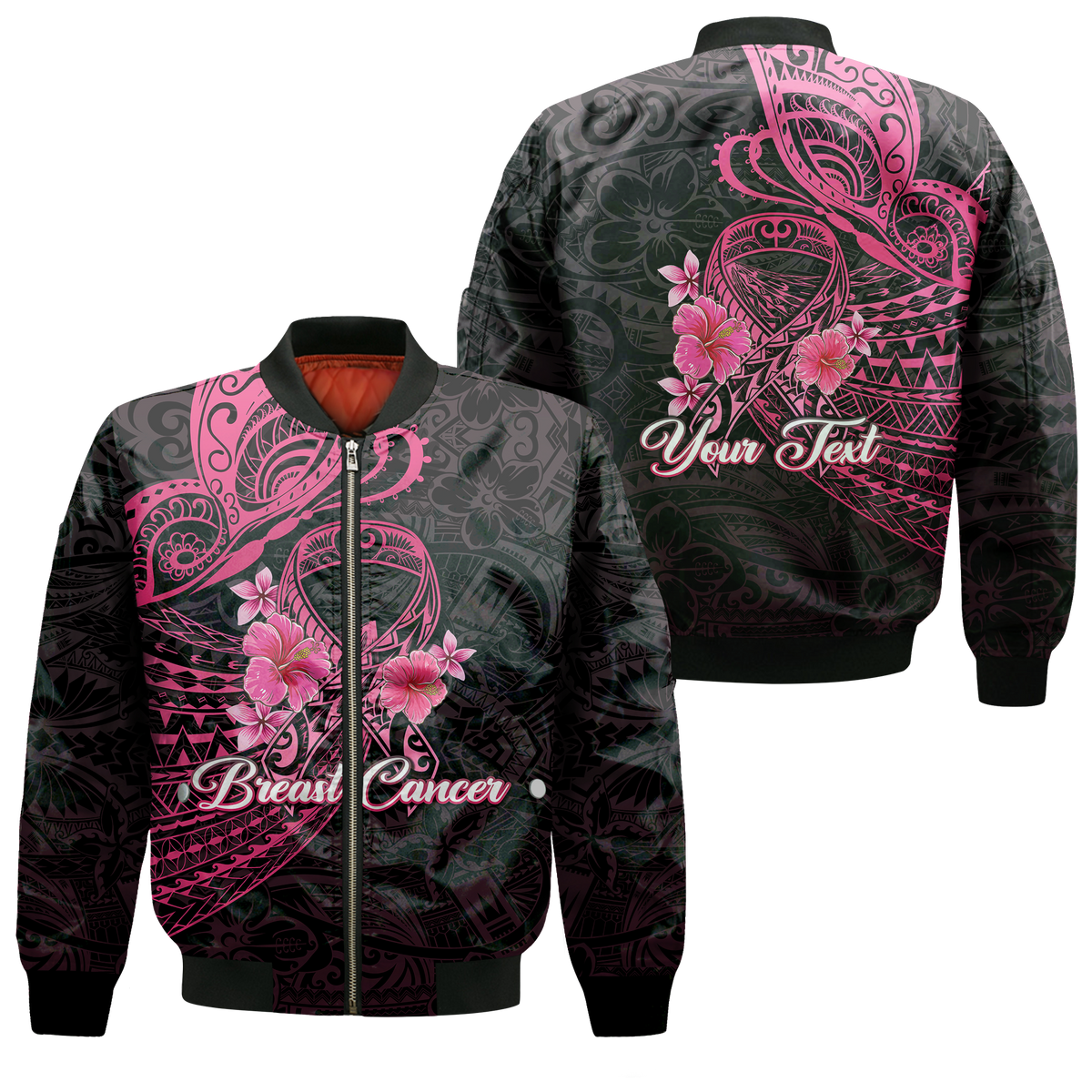 Custom Personalised Breast Cancer Pink Ribbon Butterfly Polynesian Black Version Bomber Jacket - LT12 - Wonder Print Shop