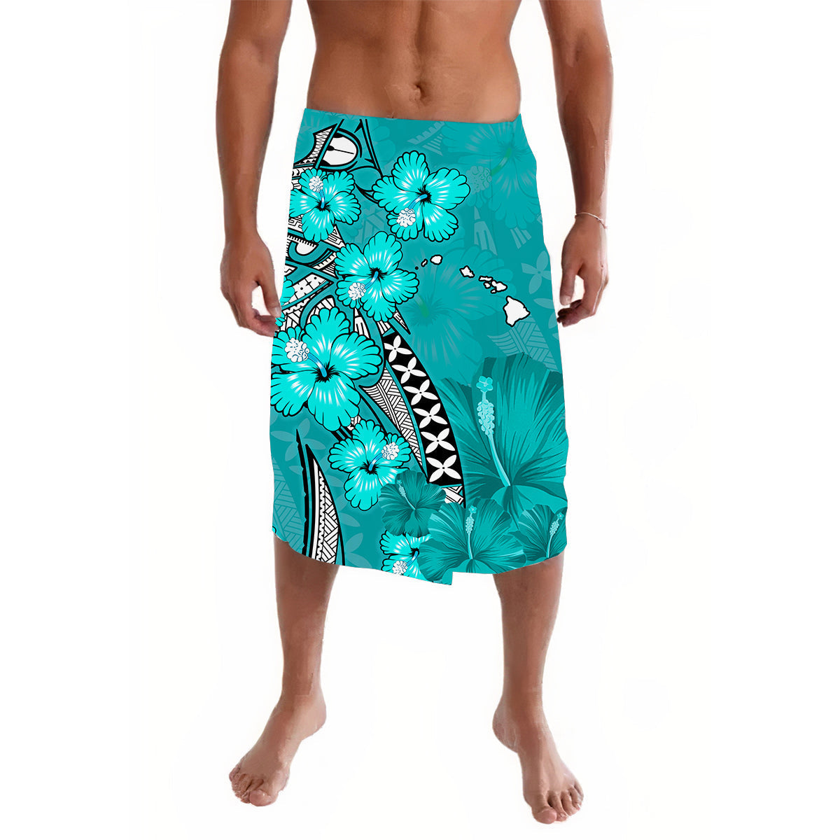 Hawaii Lavalava Polynesia Turquoise Hibiscus and Map Mystical LT13 - Wonder Print Shop