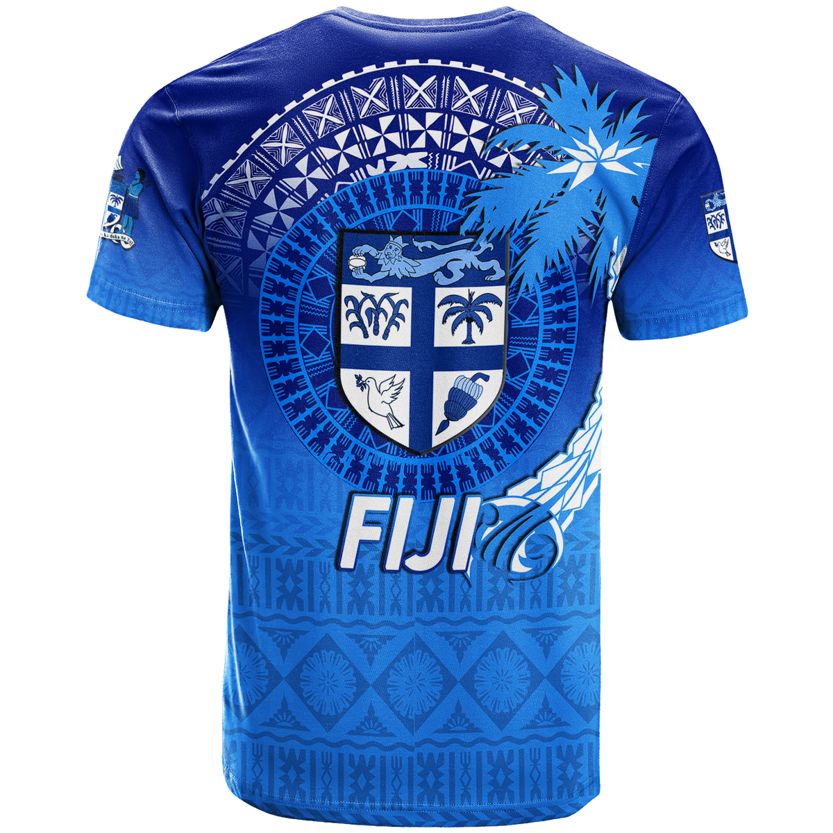 Blue Fiji tribal coconut tree T-shirt with large crest and palm tree back graphic